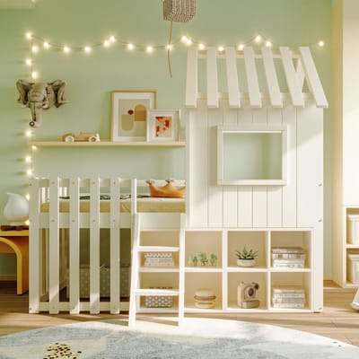 Sweiko Halfhoogslaper - 90x200 cm - Opbergruimte - Massief hout + MDF - Kinderbed - Huisvorm - Wit