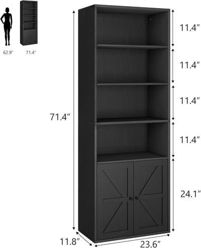 Boekenkast- opbergrek met 4 planken- opbergmeubel met 2 vakken en 2 deuren- voor kantoor- slaapkamer- woonkamer- 60x30x181cm- zwart