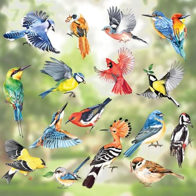 Dailygoody - Vensterstickers - Decoratieve raamstickers - Kleurige vogels - Anti-collision stickers - Voor binnen en buiten - Set van 17 vogels