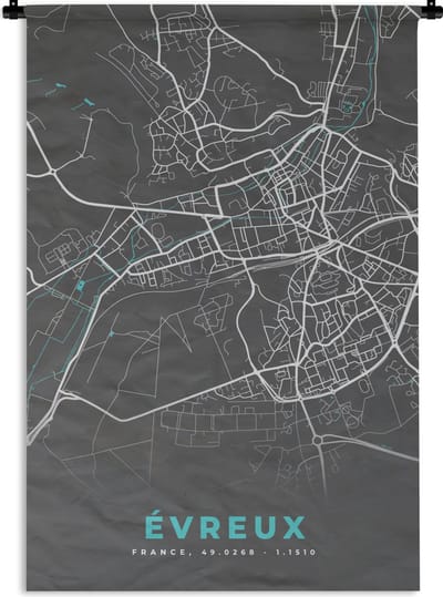 Wandkleed - Wanddoek - Évreux - Plattegrond - Kaart - Stadskaart - Frankrijk - 120x180 cm - Wandtapijt