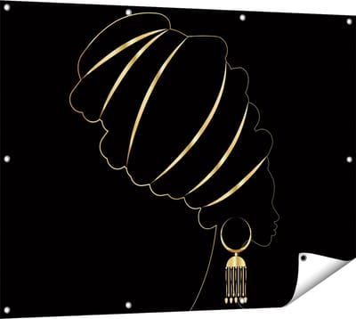 Gards Tuinposter Afrikaanse Vrouw met Gouden Zwarte Tulband - 120x90 cm - Tuindoek - Tuindecoratie - Wanddecoratie buiten - Tuinschilderij