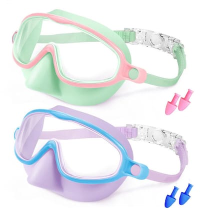 Set van 2 Kinder Duikbrillen met Neusafsluiting – Groen-Roze & Paars-Blauw, Waterdicht Zwembril inclusief Siliconen Oordoppen voor Zwemmen en Snorkelen