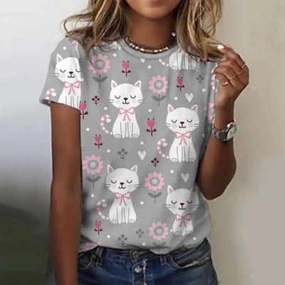 Street Fashion Vol Kinderlijke Interesse Schattige Kat Baby Cartoon Schilderij 3D Print Zomer Dames T-shirts Casual Stijl Tee 6XL white