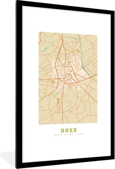 Fotolijst incl. Poster - Plattegrond - Kaart - Bree - Vintage - Stadskaart - 80x120 cm - Posterlijst