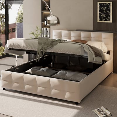 REDOM - Opbergbed 180x200 cm – Gestoffeerd Bed Met Hydraulische Opbergruimte En Zacht Hoofdbord – Comfortabel Bed Voor Slaapkamer – Fluweel – Beige