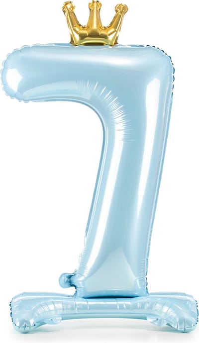 Partydeco - Staande folieballon Cijfer 7 Sky-Blue met kroon 84 cm