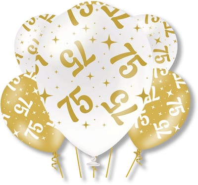 BTH – 75 Jaar Latex Ballonnen – 6 stuks – Wit-Goud – Verjaardag Versiering – 75 Jaar Decoratie – Helium – 30cm