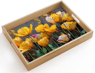 Dienblad hout 40x30 cm - Schootdienblad - Tulpen - Geel - Penseelstreken - Abstract - Borrelplank rechthoek - Plateau dienbladen