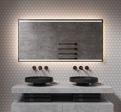 Badkamerspiegel met directe en indirecte verlichting, verwarming, instelbare lichtkleur, dimfunctie en mat zwart frame 140x70 cm