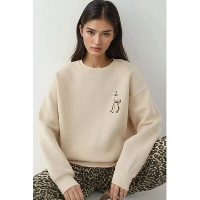 Comfort Dierenpatroon Geborduurde Verhoogde Ronde Hals Sweater