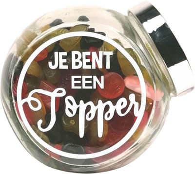 Snoeppot met tekst "Je bent een Topper", examen - geslaagd cadeautje - snoepcadeautje - gevuld met winegum mix