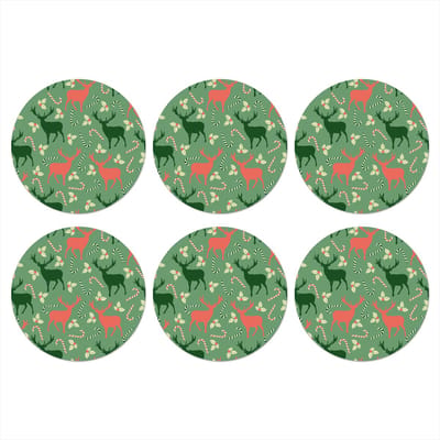 Onderzetters voor glazen - Rond - Patronen - Christmas - Rendier - 10x10 cm - Glasonderzetters - 6 stuks - Tafeldecoratie Kerstmis - Kerstdecoratie tafel - Tafelversiering