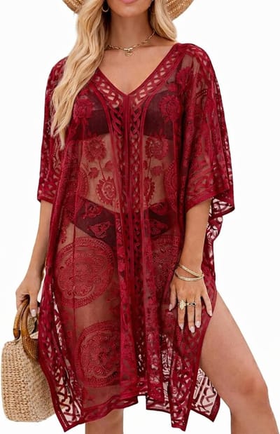 1 Stuks Wijnrood Dames Elegante Kanten Strandkimono - Open Model Badpak Overdoek - Zacht Polyester Materiaal - Loszittend Met Gespleten Zoom - Stijlvol Geschikt Voor Strand Zwembad Vakantie Feestjes En Ontspannen Thuismomenten | Cyslmuk®