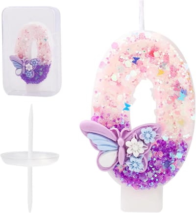 Allecto Plus - Verjaardagscijfer Kaars Roze en Paarse Vlinder Glitter Verjaardagskaars met Pailletten Taarttopper Decoratie voor Meisjes en Vrouwen Verjaardag en Jubileum Feestartikelen (Cijfer 0)