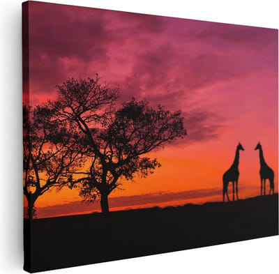 Artaza Canvas Schilderij Zonsondergang - 40x30 cm - Klein - Wanddecoratie Giraffe - Muurdecoratie Afrikaans Schilderij - Schilderijen Op Canvas