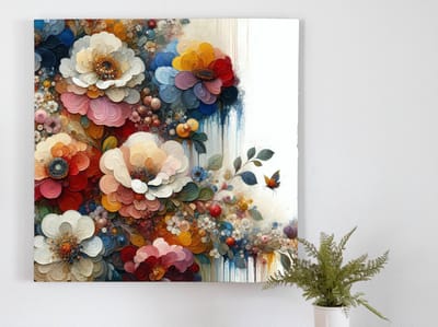 Olieverf bloemen schilderij | Schilderachtige bloemenpracht in levendige olieverfschildering uitgedrukt met kunstwerk | Kunst - 40x40 centimeter op Dibond | Foto op Dibond