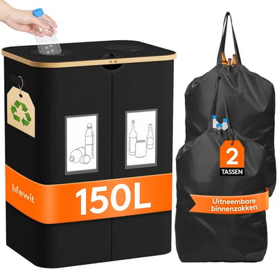 Flessenverzamelaar met deksel 2 compartimenten 150L, Selectieve Sorteerbak voor Plastic, Buiten Kringloopbak Gat, Statiegeldflessenverzamelcontainer met deksel, Keuken Opbergvak, Zwart
