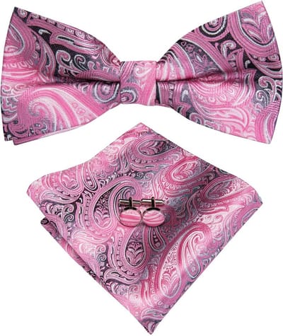 Sorprese Vlinderdas Set - Inclusief Pochet en Manchetknopen - 100% Zijde - Paisley Roze/Zwart - Luxe Heren Accessoireset - Strik - Vlinderstrik