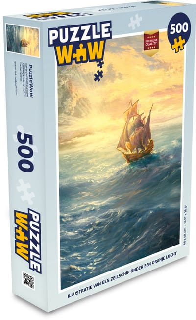 Puzzel Illustratie van een zeilschip onder een oranje lucht - Legpuzzel - Puzzel 500 stukjes