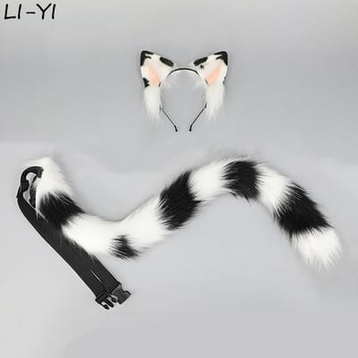 2 stuks/set Calico Kattenoortjes Staart Schattig Zwart-witte Kattenoortjes Hoofddeksel Tabby Kat Staart Dier Cosplay Accessoires Pluche Haaraccessoires ear and tail gray