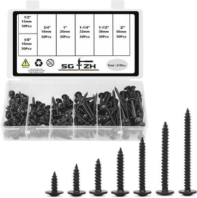 Set van 210 zelftappende houtschroeven met platte kop - 8 verschillende schroeven in zwart oxide
