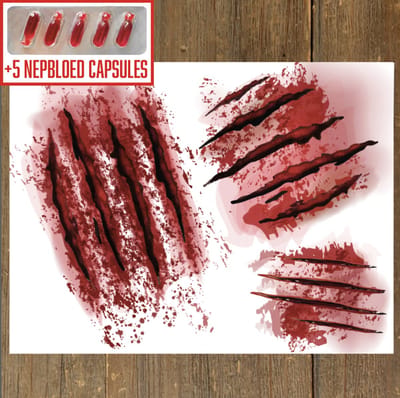GetGlitterBaby® - Krabwonden Tattoo Halloween Horror Decoratie Versiering Wonden / Carnaval Schmink Make Up Plak Tattoos / Tijdelijke Tattoo / Nep Tatoeage + Vloeibaar Dik Rood Bloed / Nepbloed / Nep Wond / Fake Kunst Blood - 5 Capsules
