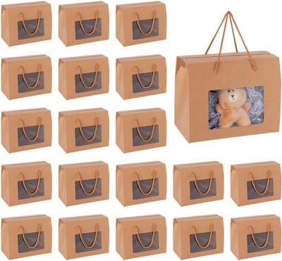 Kraft Papieren Dozen met Handvatten - 20 Stuks, 20x16x11cm, Bruine Cadeauverpakkingen met Doorzichtig Venster voor Verpakking, Feestjes en Trouwerijen