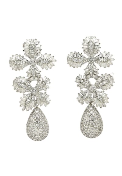 AVANT-GARDE PARIS Diva Collection - Cubic Zirconia Dual Flower Drop Earrings - 1 stuk - Zilver met rhodium plating