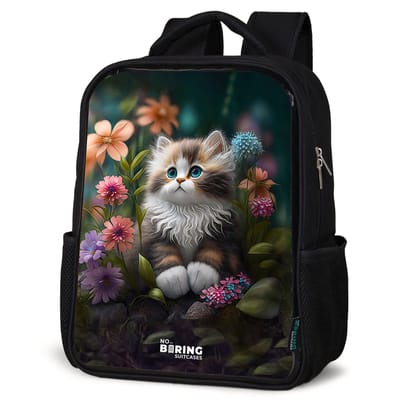 NoBoringSuitcases.com® - Rugzak zwart - Schooltas jongen & meisje - Kitten tussen bloemen - Rugtas voor school - Boekentas kind - Schoolrugzak - Kinderrugzak