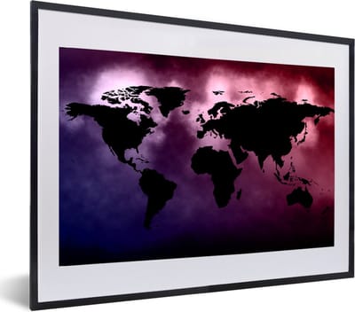Poster in lijst - Fotolijst 60x40 cm - Posters - Wereldkaart - Zwart - Roze - Posterlijst zwart - Decoratie - Wanddecoratie woonkamer - Muurdecoratie slaapkamer