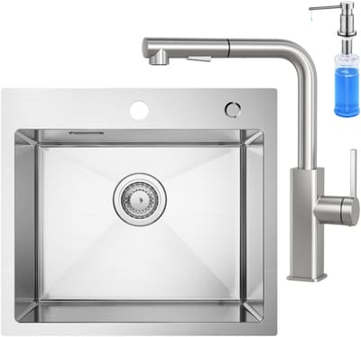 CECIPA max Spoelbak Keuken 50 x 45 CM - Spoelbak Met Kraangat - Enkele Spoelbak Met Keukenkraan en Zeepdispenser 300ML - Spoelbakken met afdruip - Wasbak met waterafvoersysteem - RVS
