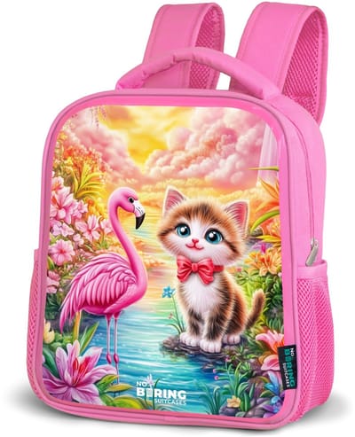 NoBoringSuitcases.com® - Rugzak roze - Schooltas meisjes - Kitten met flamingo in tropisch bloemenparadijs - Kinder rugtas meisje - Boekentas kind - Kinderrugzak voor school - Schoolrugzak