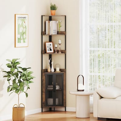 Hoekkast Boekenkast Industrieel - Ruimtebesparend Design - 6 Niveaus met Kastdeur - Metaal & Hout - Voor Woonkamer, Slaapkamer, Keuken - Hoekrek, Opbergrek, Plantenstandaard