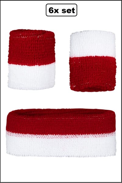 6x Zweetbandjes set rood/wit 3-dlg - 1x Haarband/2x zweetband - Carnaval thema feest partyfeest festival optocht landen