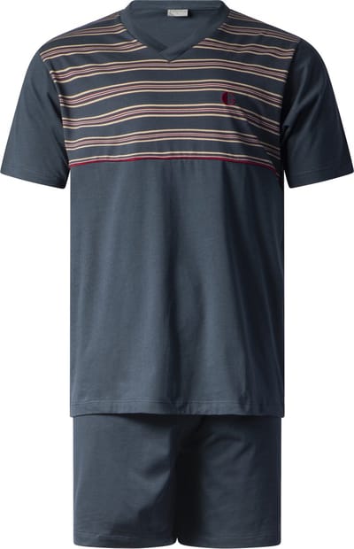 Gentlemen - heren shortama 114285 - heren pyjama kort - 100% katoen - V-hals - donkerblauw met rood - maat M