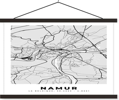 Posterhanger incl. Poster 60x40 cm - Schoolplaat - Stadskaart – Plattegrond – België – Zwart Wit – Namur – Kaart - Textielposter - Zwarte latten - Stadskaart