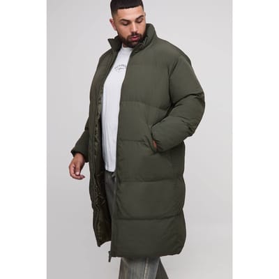 Plus Oversized Crinkle Nylon Funnel Neck Longline Puffer Jacket | Dark Olive | Size 2XL
