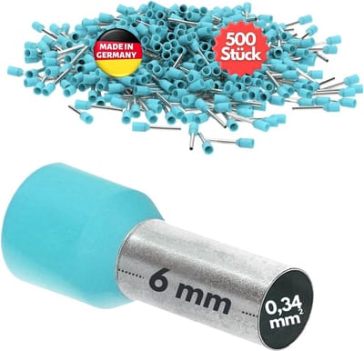 500 stuks Kalitec AE03406TK adereindhulzen geïsoleerd 0,34 mm² 6 mm lang turkoois I Made in Germany I Industriële kwaliteit