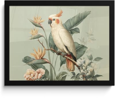 Poster in lijst - Fotolijst 40x30 cm - Posters - Gele kuifkaketoe - paradijsvogelbloemen - Groen - Posterlijst zwart - Decoratie - Wanddecoratie woonkamer - Muurdecoratie slaapkamer
