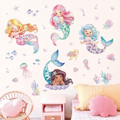 PromoHome Onderwater Zeemeermin Muursticker Set - Oceaan Thema Decoratie met Vissen, Zeesterren en Schildpadden voor Kinderkamer, Slaapkamer en Badkamer