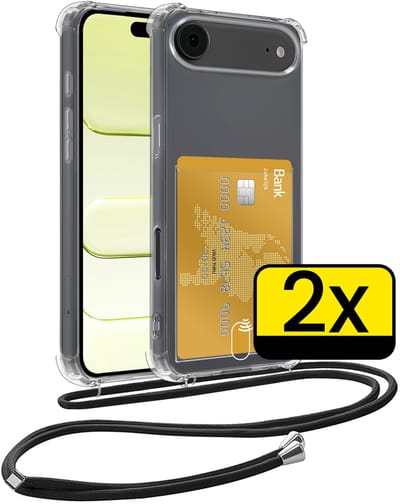 Hoesje Geschikt voor iPhone Air Telefoonhoesje Met Koord Case Pashouder Siliconen - Hoes Geschikt voor iPhone Air Hoesje Met Kaarthouder - Transparant - 2 Stuks