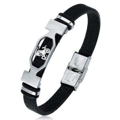 Steenbok / Capricorn - Leren Armband met Stalen Sterrenbeeld - Astrologie - Zwart - Armbanden Heren Dames - Papa Cadeau Voor Mannen - Vaderdag