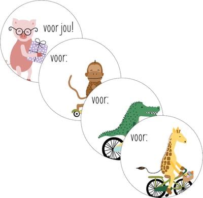 Naamstickers - Voor: Jou! / Feest - Verjaardag - Party - Animals - Dieren - Naam Sluitzegel | 4 assorti - Label - Krokodil - Aap - Giraf - Aap | Stickers - Envelop sticker - Kaart | Cadeau – Gift – Cadeauzakje