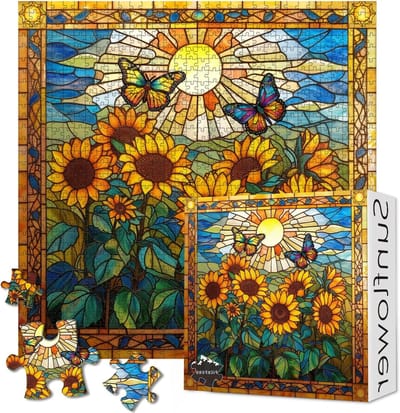 Glas in Lood Puzzel - Zonnebloem Puzzel Vlinder - Huisdecoratie Woonkamer - Verdikt Karton Nauwkeurige Pasvorm - 60x60 cm