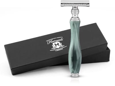 Haryali London Classic Double Edge (DE) veiligheidsscheermes verchroomd met gesloten kam voor heren en dames, Inclusief 5 Mesjes (Zeegroen)
