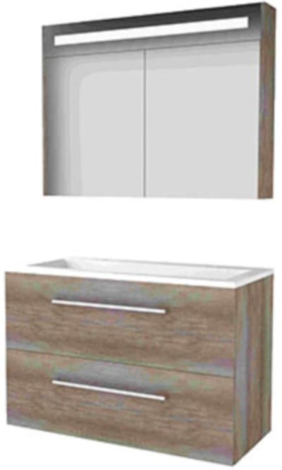 Basic-Line Premium 46 Badkamermeubelset - 100 x 46 cm - Met Grepen - 2 Lades - Acryl Wastafel - 2 Kraangaten - Spiegelkast met LED Verlichting - Scotch Oak