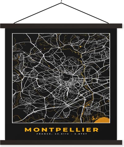 Posterhanger incl. Poster 60x60 cm - Schoolplaat - Frankrijk – Montpellier – Stadskaart – Plattegrond – Kaart - Textielposter - Zwarte latten - Stadskaart