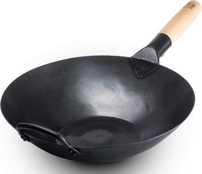 Pre-ingebrande koolstofstalen wok 33,5 cm met houten handvat, geschikt voor inductie en elektrische kookplaten