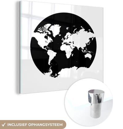 ® Glasschilderij 90x90 cm - Schilderij acrylglas - Wereldkaart - Cirkel - Zwart Wit - Foto op glas - Muurdecoratie woonkamer - Wanddecoratie slaapkamer - Schilderijen