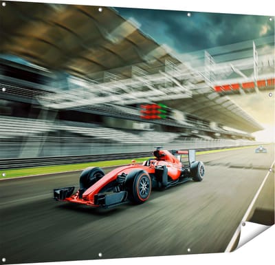 Gards Tuinposter Formule 1 Auto bij de Finish in het Rood - 150x120 cm - Tuindoek - Tuindecoratie - Wanddecoratie buiten - Tuinschilderij